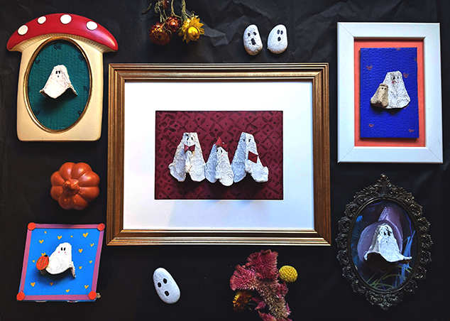 an image of framed egg carton ghosts on colorful backgrounds