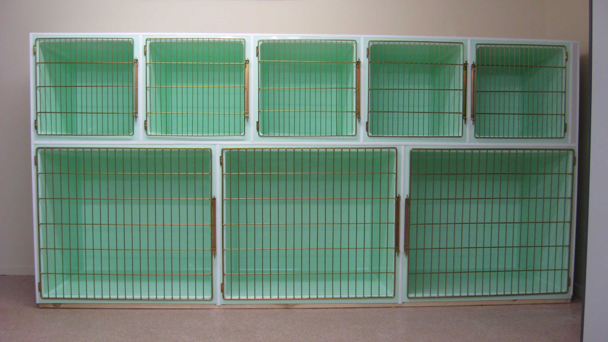 Creature Comfort Cages cage bank: 5 x Cat Cages (top), 3 x Large Dog Cages (bottom)